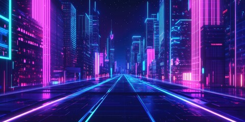 Neon glowing street in futuristic city.