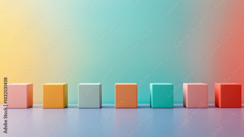 Poster minimalist colorful blocks, a harmonious arrangement of uniform blocks showcasing gentle color trans
