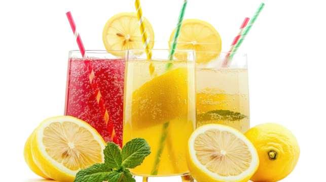 Refreshing Summer Lemonades With Vibrant Straws on a Clear Background Generative AI