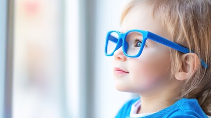 Young child wearing blue glasses focusing on distant tree outside window, symbolizing myopia prevention and importance of outdoor activities.