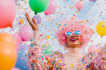 Drag Queen Surrounded by Confetti and Balloons in LGTB parade