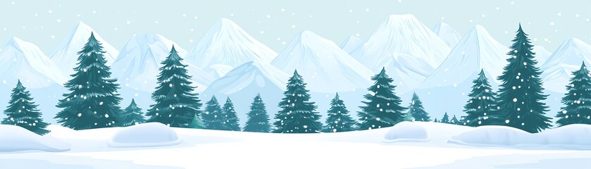 Obraz premium Scenic winter landscape with snow-covered pine trees and mountains under a soft snowfall, creating a serene and peaceful atmosphere.