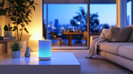 A Smart Speaker with Blue Light in a Living Room