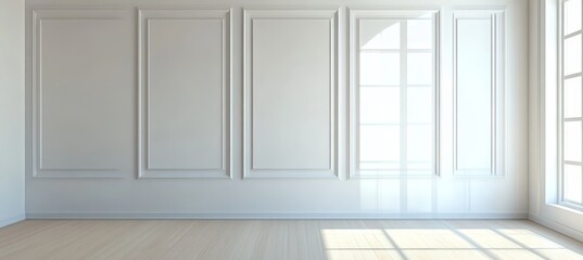Sunlit Empty Room with Large Windows, White Walls, and Wood Floor in Minimalist Style