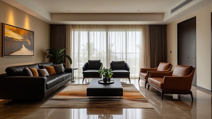 Fototapeta premium Minimal living room with beige walls and black furniture