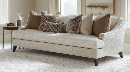 A sofa with multiple pillows in earthy tones, a side table beside it holding a coffee mug and vase, white carpet on the floor, beige walls, soft lighting, product photography.