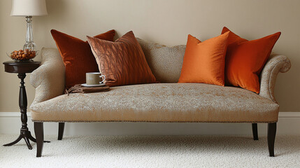 A sofa with multiple pillows in earthy tones, a side table beside it holding a coffee mug and vase, white carpet on the floor, beige walls, soft lighting, product photography.