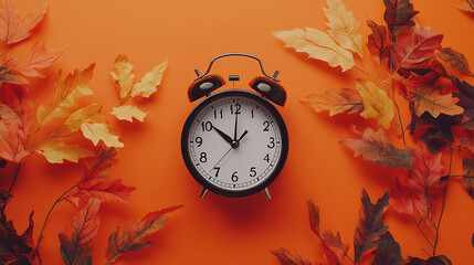 Daylight saving time ends. Black clock on orange background with autumn leaves. Summer time end and fall season coming. Clock turn backward to winter time. Autumn equinox