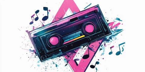 Retro boombox with music notes and splatters.