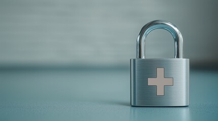 A silver padlock with a medical cross symbol isolated on a light background.
