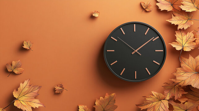 Daylight saving time ends. Black clock on orange background with autumn leaves. Summer time end and fall season coming. Clock turn backward to winter time. Autumn equinox