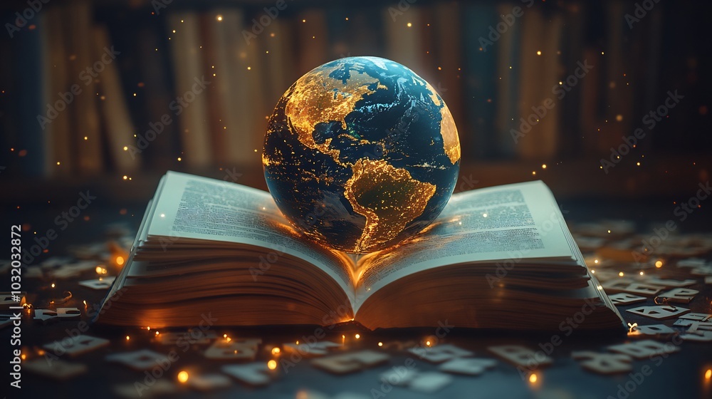 Poster mockup of an open novel with a globe resting on the pages symbolizing world literacy and the transfo