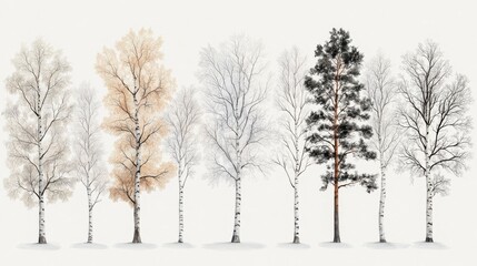 Winter Birch Trees and Pine Tree Watercolor Illustration.