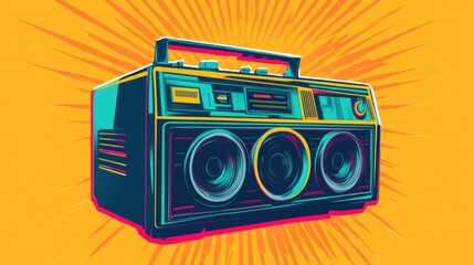 Colorful boombox against yellow rays.