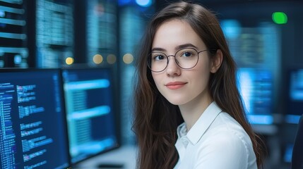 Female Developer Programming, Futuristic Concept of Programming