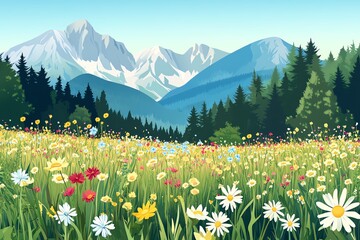 Serene meadow with colorful wildflowers and majestic mountains in the background, under a clear blue sky, perfect for nature lovers.