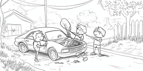 Three boys fixing a broken car.