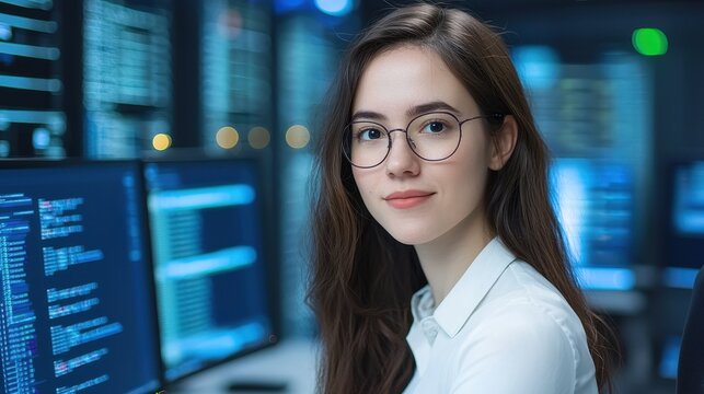 Female Developer Programming, Futuristic Concept of Programming