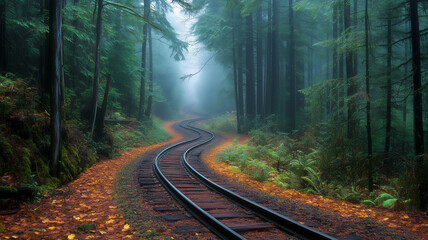 Obraz premium 霧の中の森に消える線路