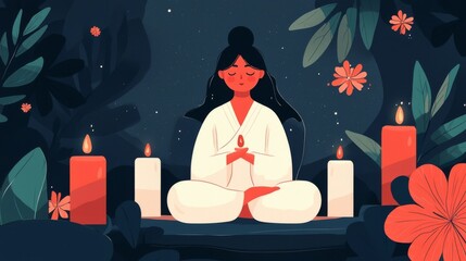 Woman Meditating with Candles in a Forest Setting.