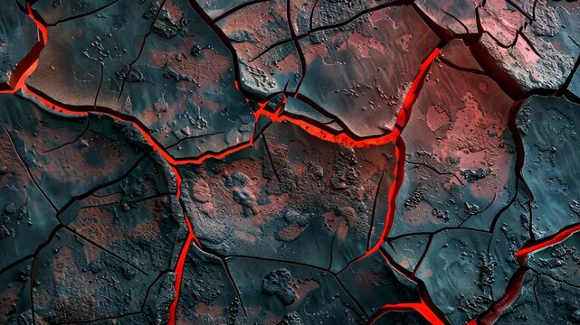 cracked earth with glowing red fissures, abstract concept.