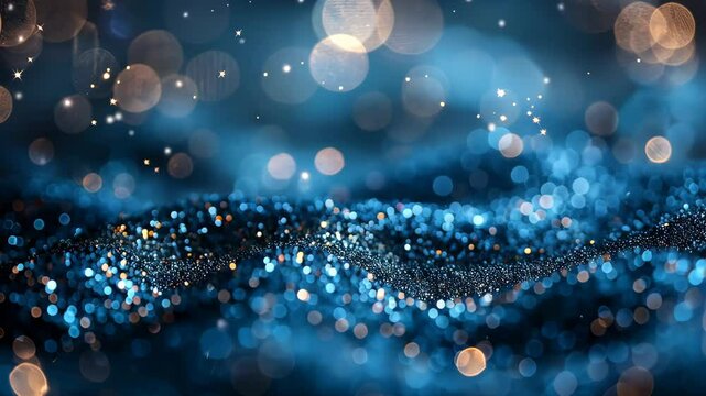 Blue bokeh light on glittering surface, abstract background. Festive and celebration concept.