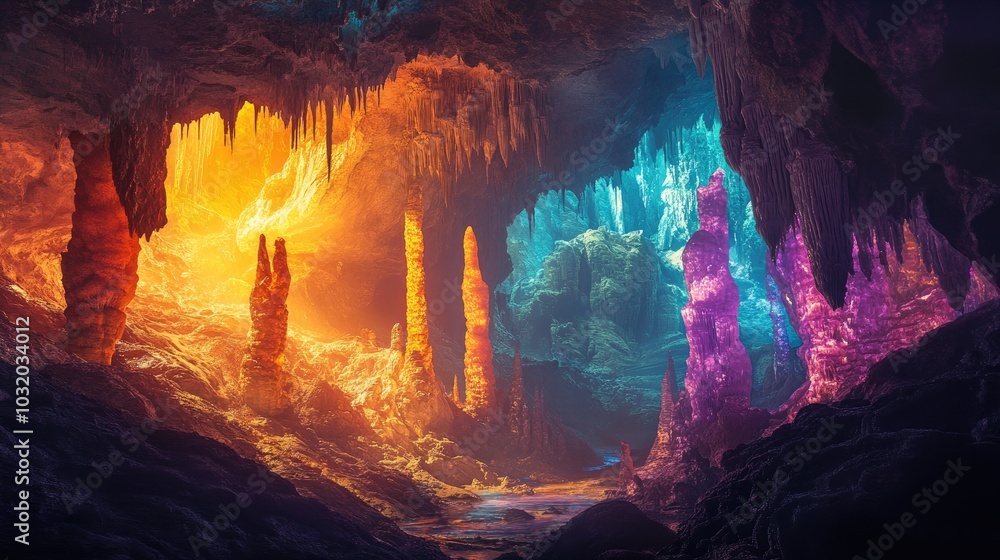 Wall mural stunning stalactites and stalagmites in a cave, bathed in soft light, with vibrant colors giving the