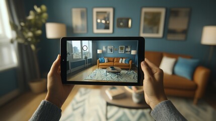 A person is holding a tablet in their hands, the screen is displaying a virtual living room with a couch, coffee table, and rug. There is a blurred image of a couch in the foreground.
