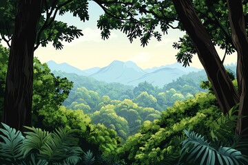 Lush green forest landscape with distant mountains under a clear sky, framed by trees in the foreground, embodying nature's serenity.