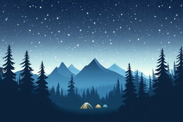 Starlit mountain landscape with camping tents in a serene forest. Perfect for adventure and nature enthusiasts seeking tranquility.