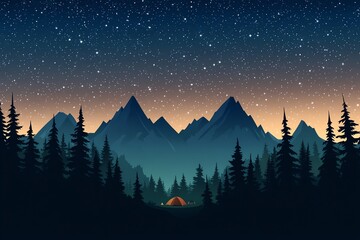 A serene night camping scene features a starry sky over a forest and mountains, creating a tranquil outdoor escape under the Milky Way.
