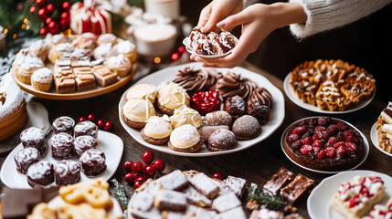 Christmas table full of sweets, pralines and cookies 