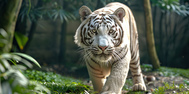 A white tiger prowling through its enclosure at a zoo, reminding us of the importance of wildlife conservation and animal welfare.