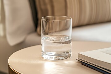 Close-up of water glass on the beige bedside table with notebook and book, serene interior setting, minimalist bedroom decor.
