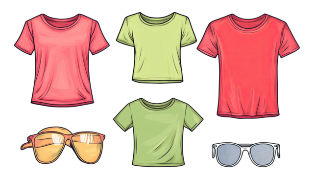 Colorful Summer T-Shirt Designs and Stylish Sunglasses Collection Generative AI