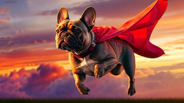 French bulldog flying with a cape at sunset, whimsical superhero concept.