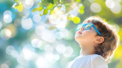 Fototapeta premium Young child wearing blue glasses focusing on distant tree outside window, symbolizing myopia prevention and importance of outdoor activities.
