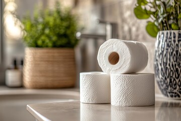 Three rolls of soft white toilet paper stacked on a beige table against the backdrop of a bathroom and room perfume, Generative AI