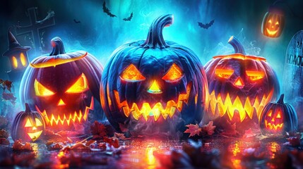 Fototapeta premium A spooky Halloween scene featuring glowing jack-o'-lanterns with menacing carved faces, surrounded by eerie blue mist and autumn leaves in a dark, atmospheric setting.