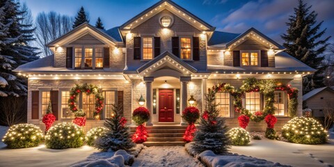 Cozy Brick House with Christmas Lights, Snowy Yard, Holiday Decor, Christmas Lights , Winter Wonderland