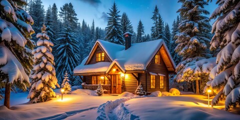 Fototapeta premium Cozy Cabin in a Snowy Forest, Winter Wonderland, Snowy Forest, Cabin , Winter