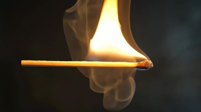 Burning matchstick with flame and smoke on dark background, fire safety and energy concept.