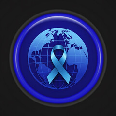 Blue awareness ribbon over a globe, symbolizing global health awareness and support