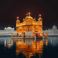 Obraz premium The Golden Temple illuminated at night, its grandeur and peaceful reflection creating a scene of calm and reverence