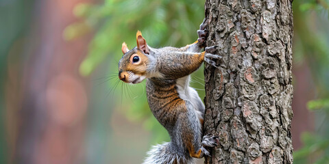 A gray squirrel scurrying up a tree trunk, capturing the playfulness and agility of small woodland creatures.