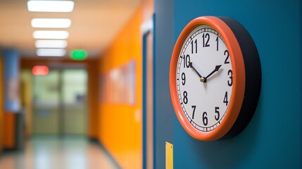 A clock on a blue wall in a school hallway.