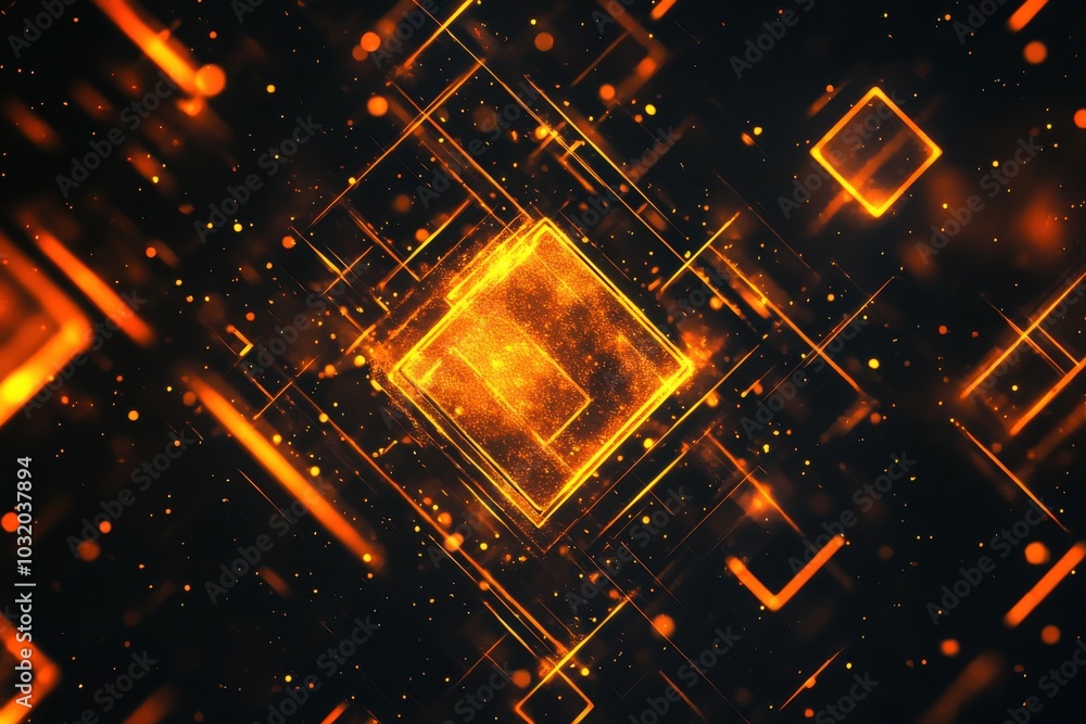 Poster golden amber cube illustration on deep hue, looping motion animation with dynamic energy wave effect