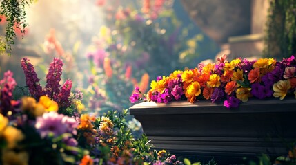 Obraz premium Funeral Coffin with Floral Decorations in Church with Soft Light Gentle Shadows