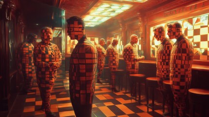 Obraz premium Dynamic pub scene with patrons transforming into dartboards