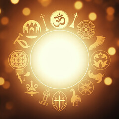 A radiant image symbolizing global unity among different religions, featuring symbols of major world religions encircling a glowing center